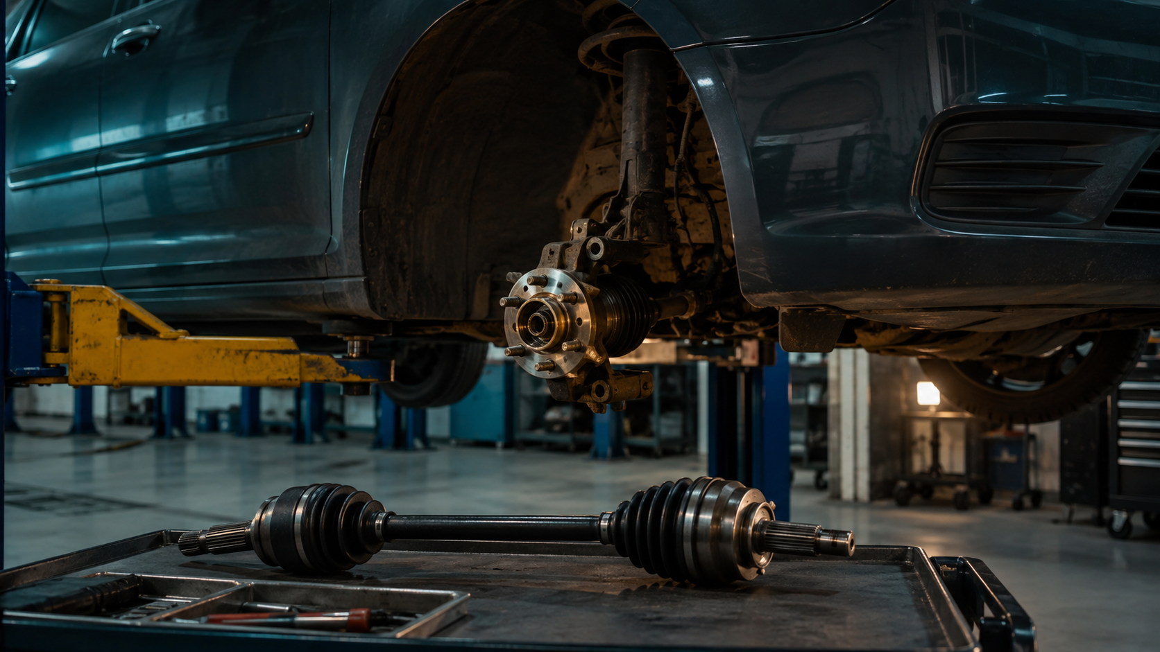 Axle & CV Joint Repair equipment and components in a neutral workshop illustration
