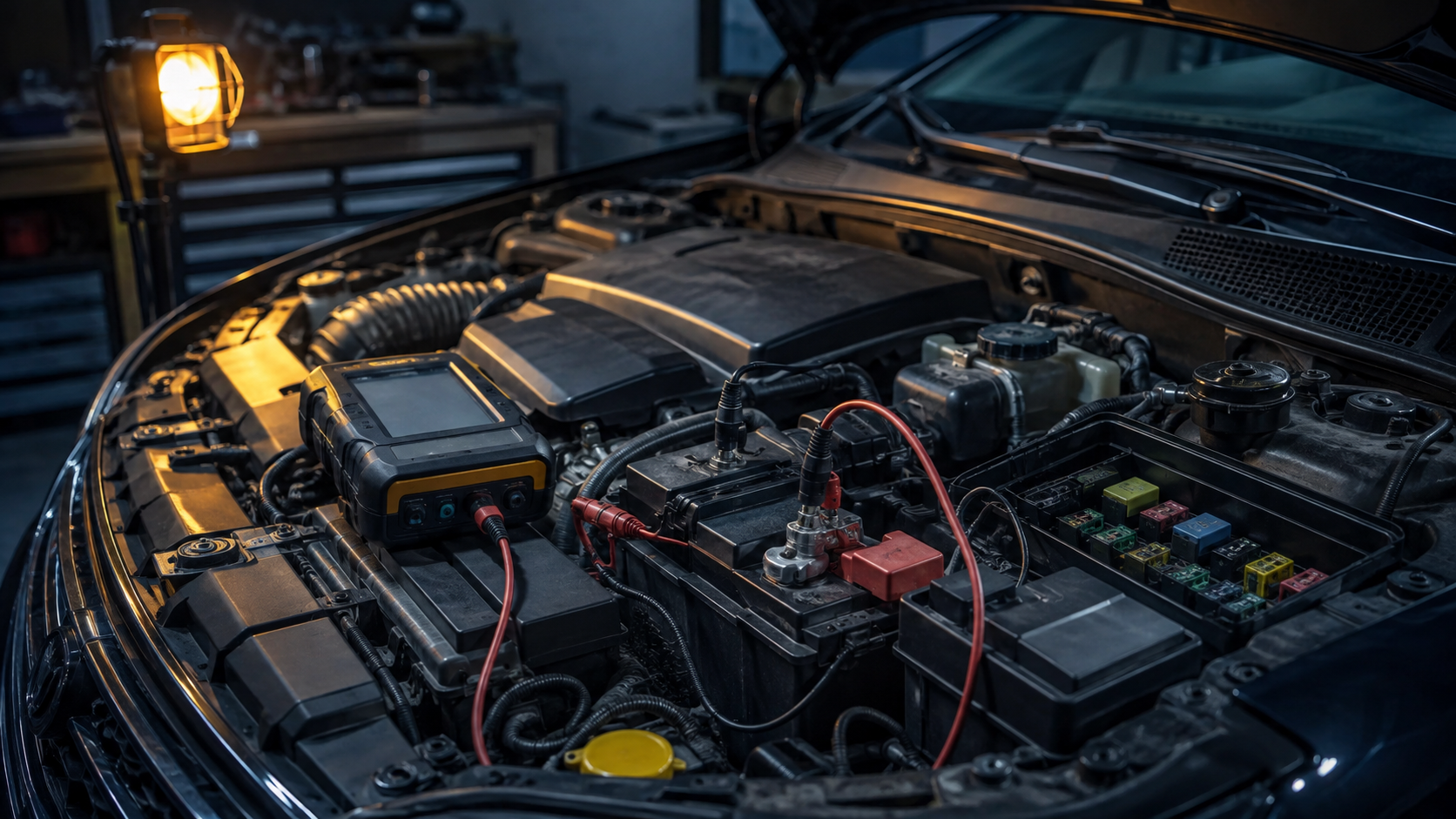 Battery & Electrical Repair equipment and components in a neutral workshop illustration