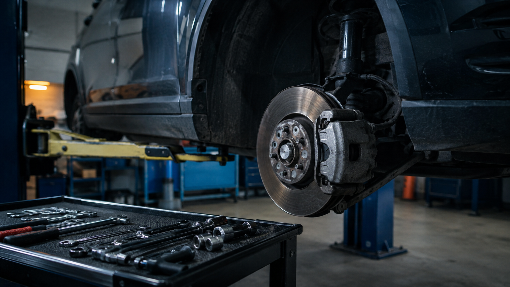 Brake Repair equipment and components in a neutral workshop illustration