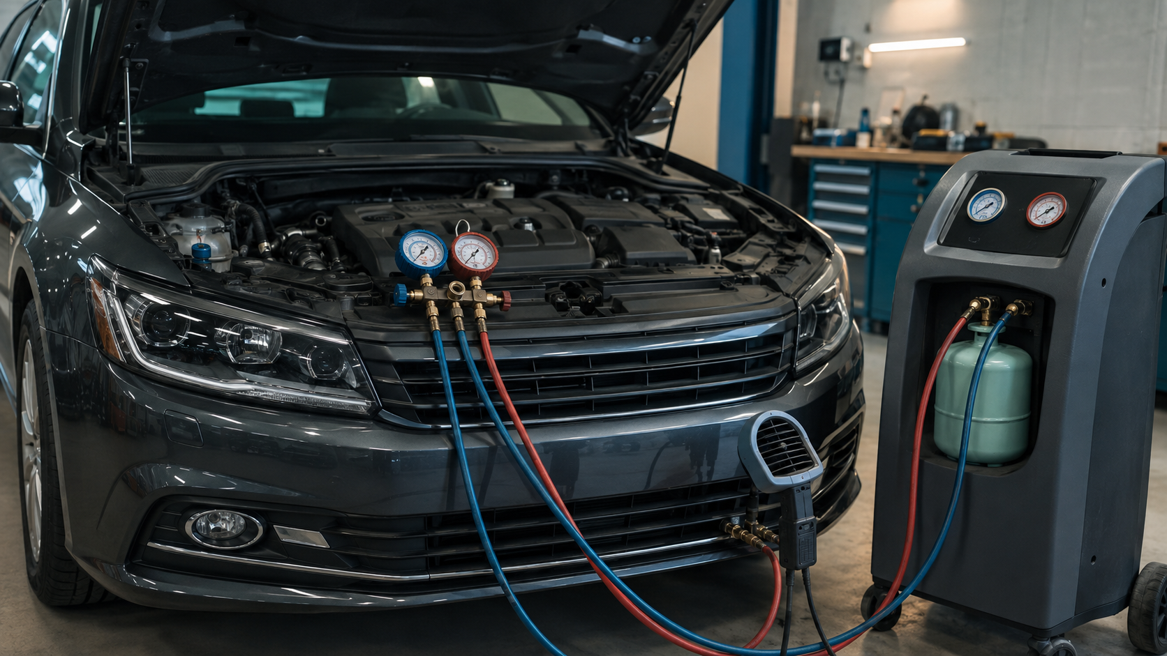 Car AC & Heating Repair equipment and components in a neutral workshop illustration