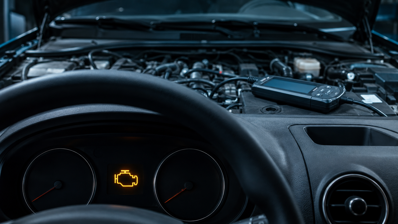 Check Engine Light Diagnostics equipment and components in a neutral workshop illustration