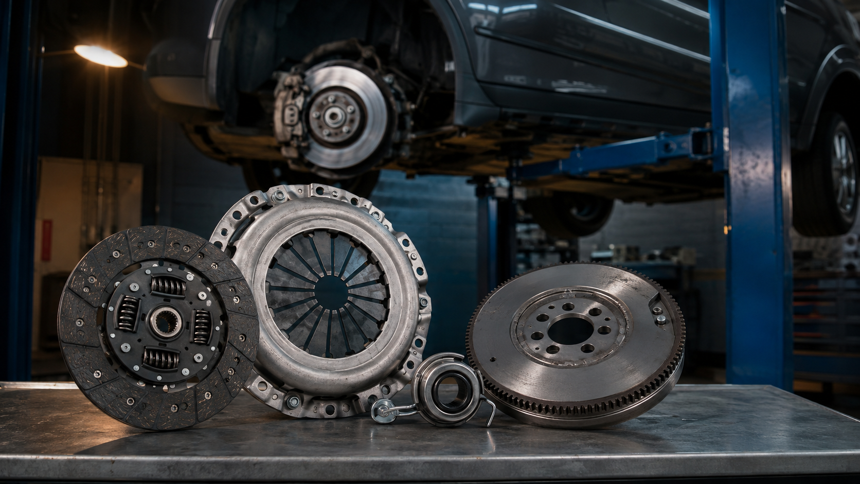 Clutch Repair equipment and components in a neutral workshop illustration