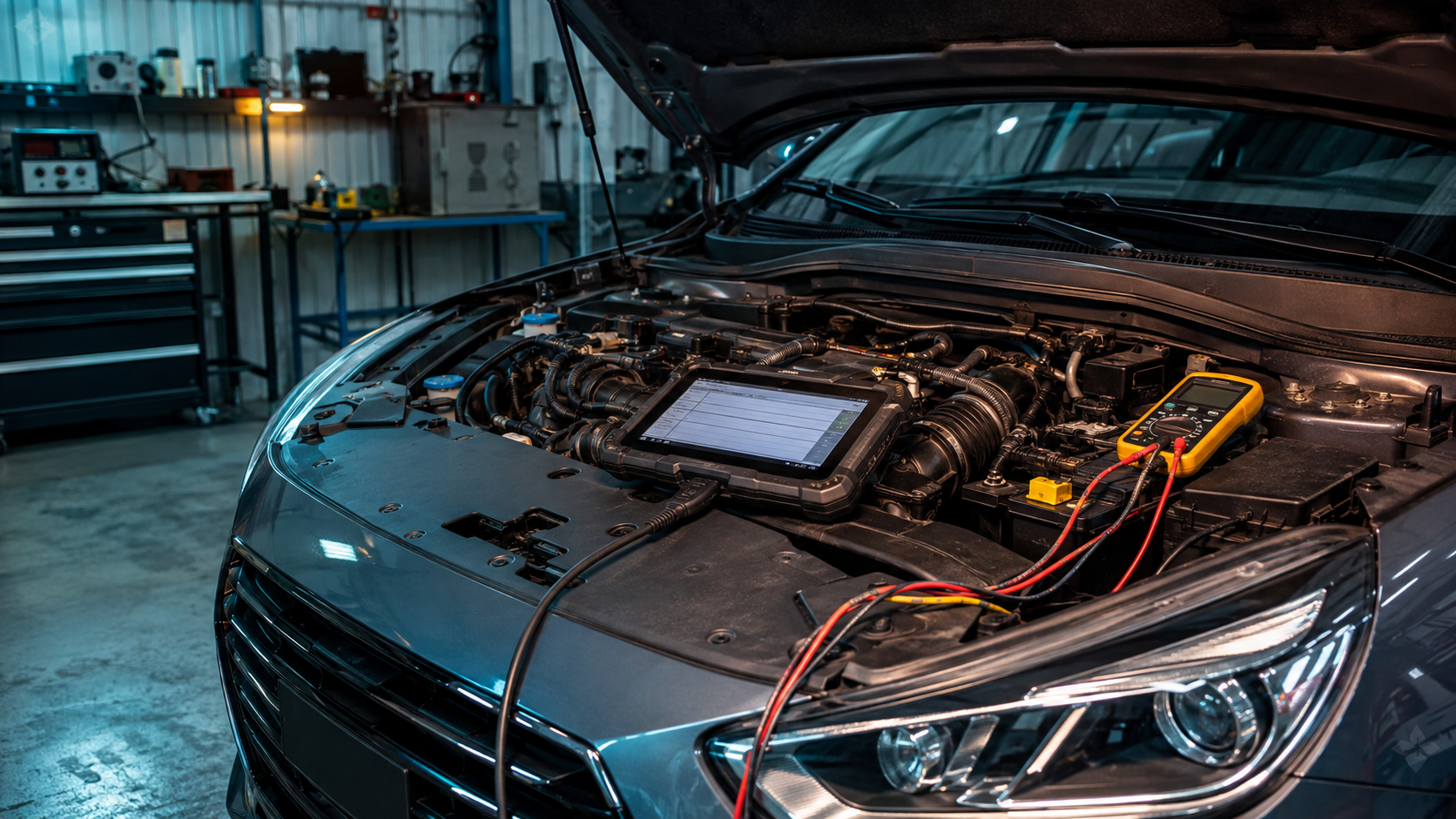 Auto Diagnostics equipment and components in a neutral workshop illustration