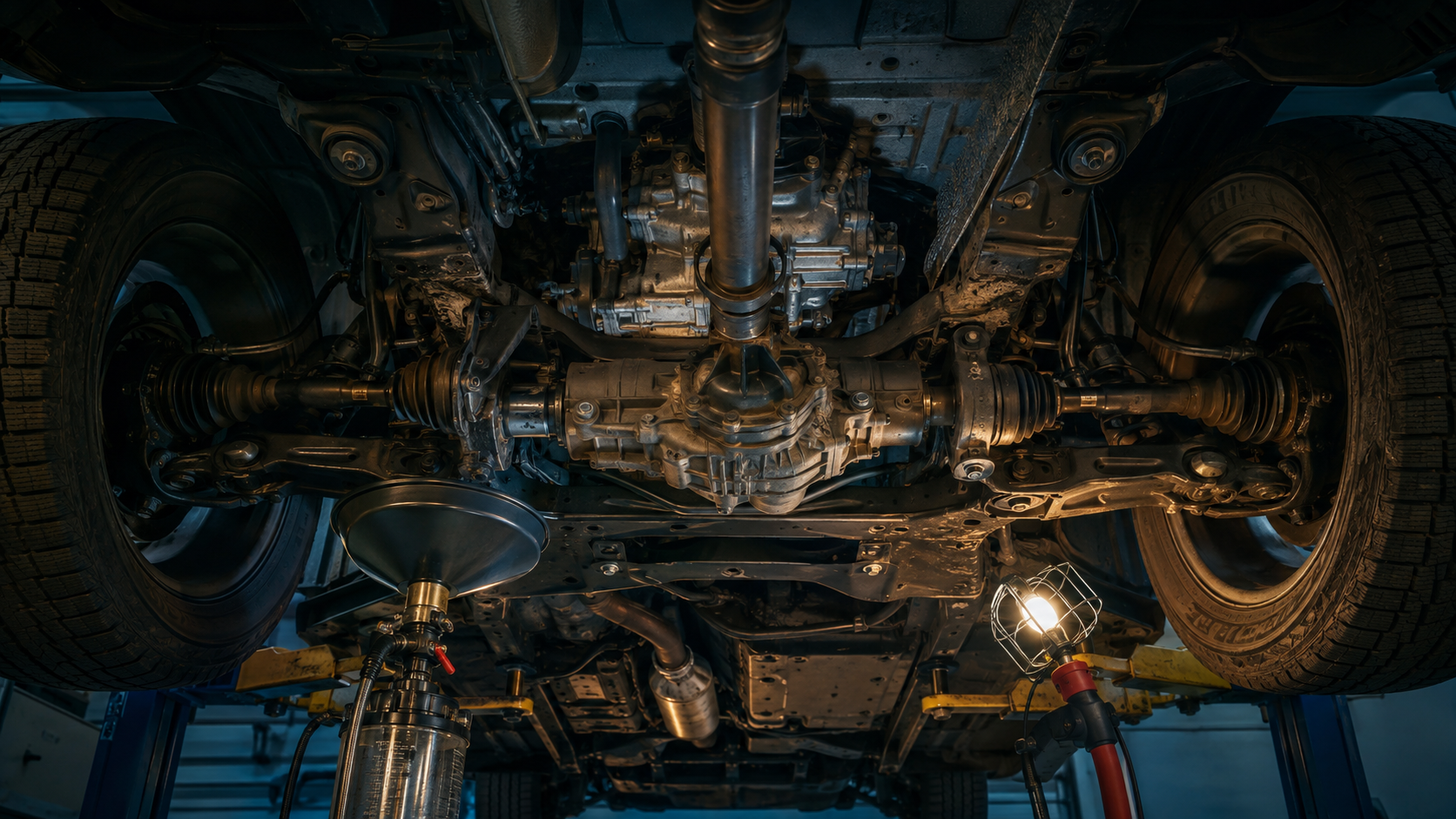 Differential & Transfer Case Service equipment and components in a neutral workshop illustration