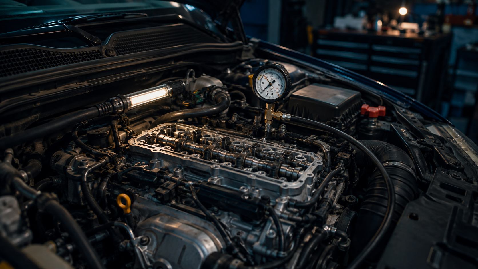 Engine Repair equipment and components in a neutral workshop illustration