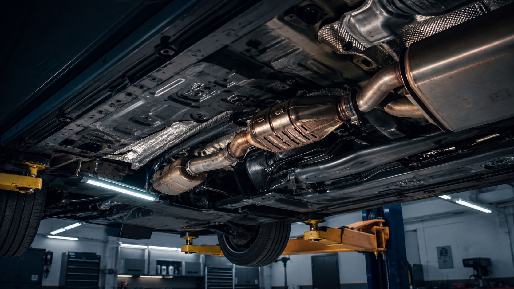 Exhaust & Muffler Repair equipment and components in a neutral workshop illustration