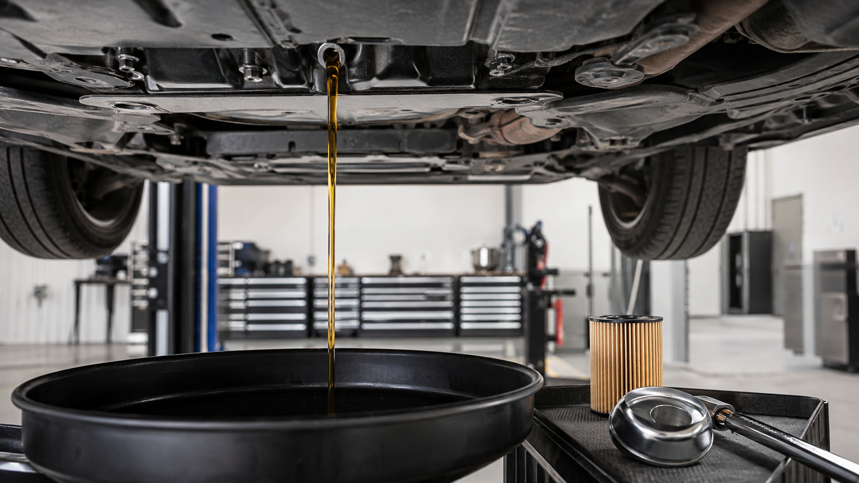 Oil Change Service equipment and components in a neutral workshop illustration