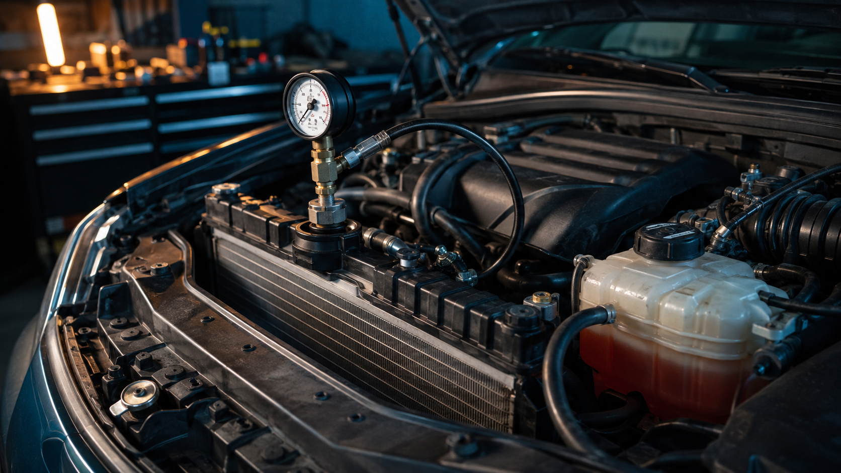 Car Overheating Diagnostics & Repair equipment and components in a neutral workshop illustration