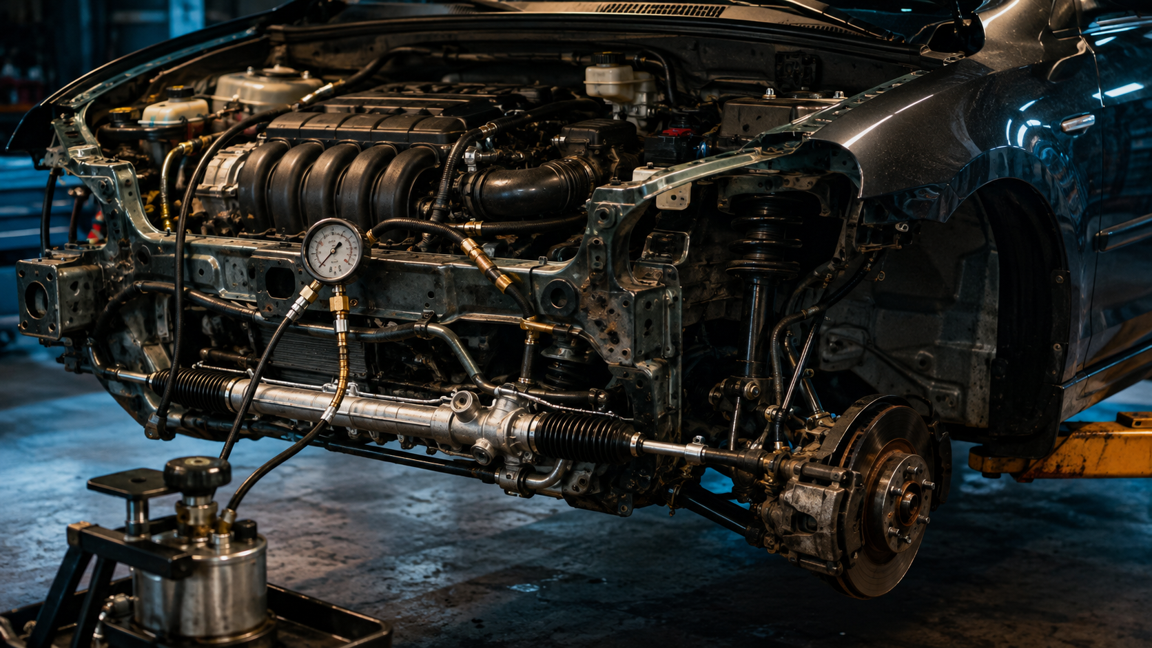 Power Steering Repair equipment and components in a neutral workshop illustration