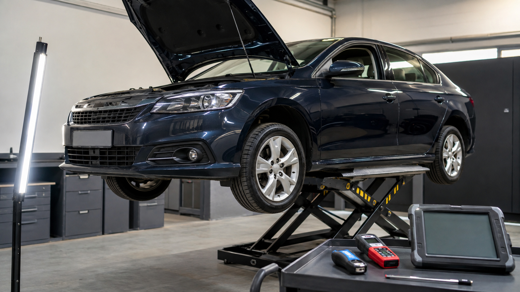 Pre-Purchase Car Inspection equipment and components in a neutral workshop illustration
