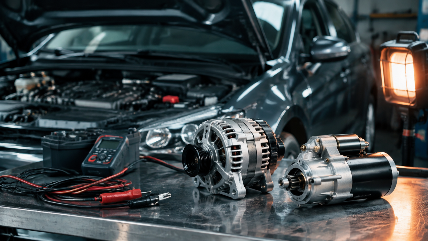 Starter & Alternator Repair equipment and components in a neutral workshop illustration