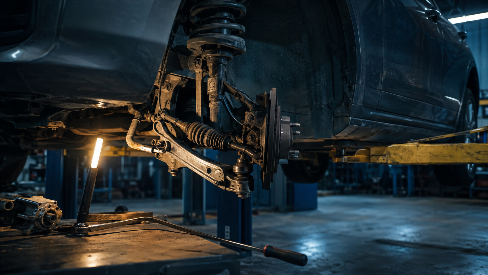 Suspension & Steering Repair equipment and components in a neutral workshop illustration