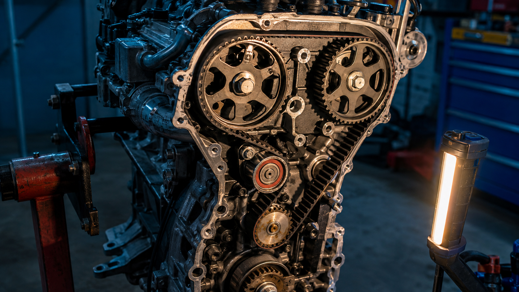 Timing Belt Service equipment and components in a neutral workshop illustration
