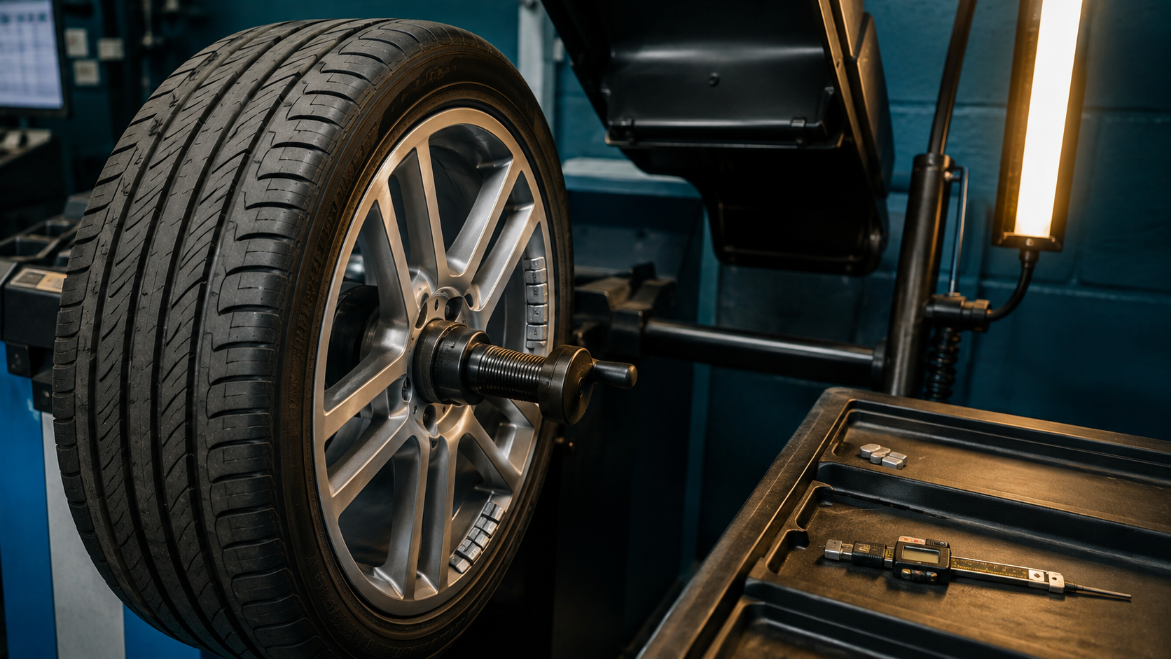 Tire Service equipment and components in a neutral workshop illustration