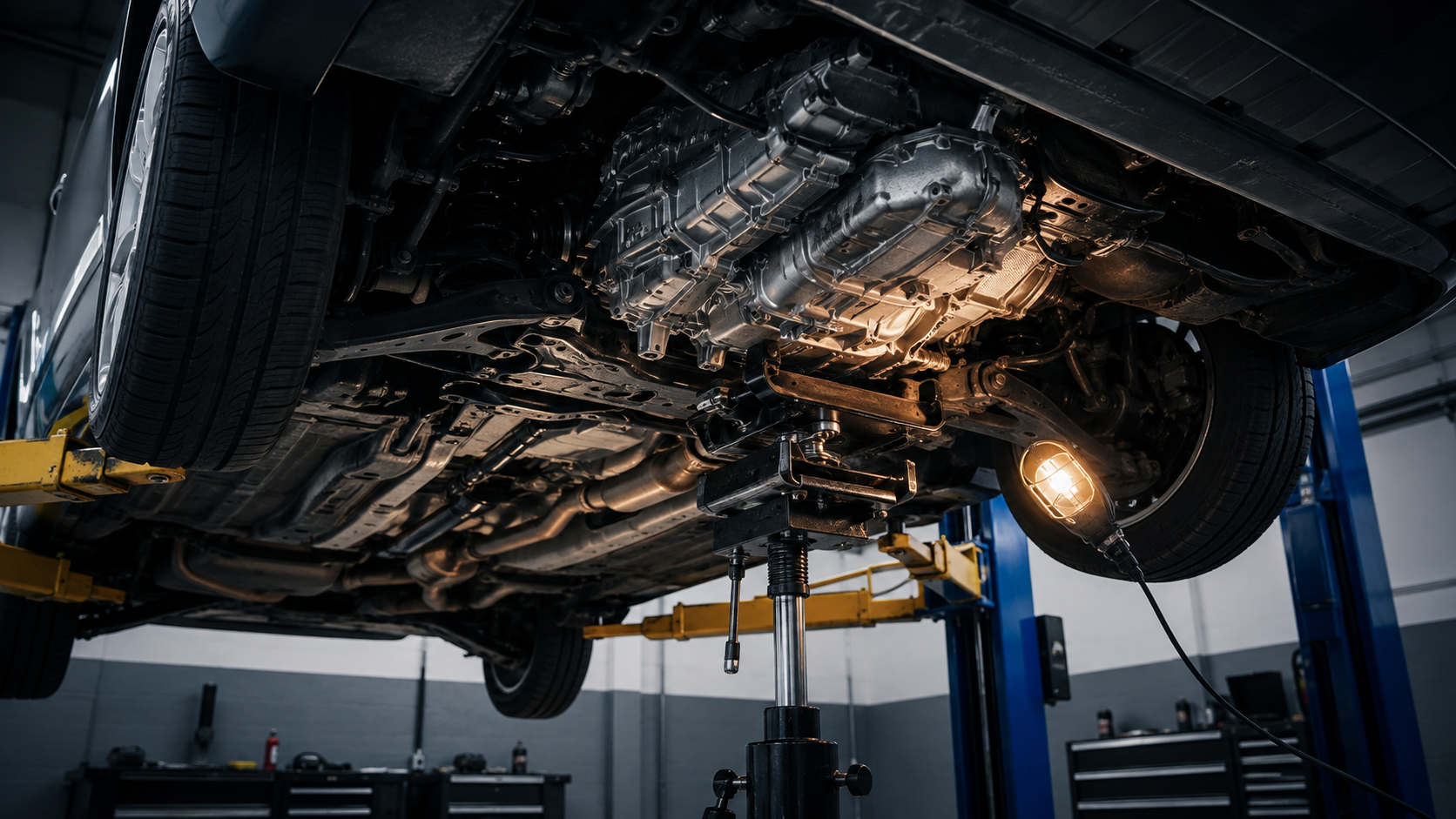 Transmission & Drivetrain Service equipment and components in a neutral workshop illustration