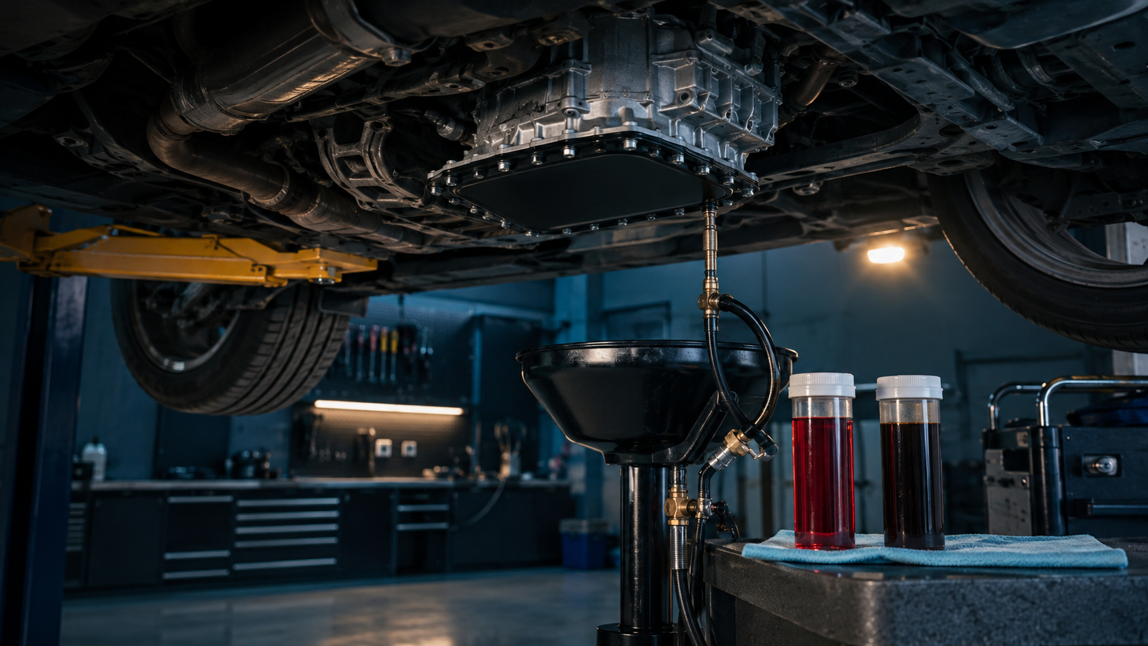 Transmission Fluid Service equipment and components in a neutral workshop illustration