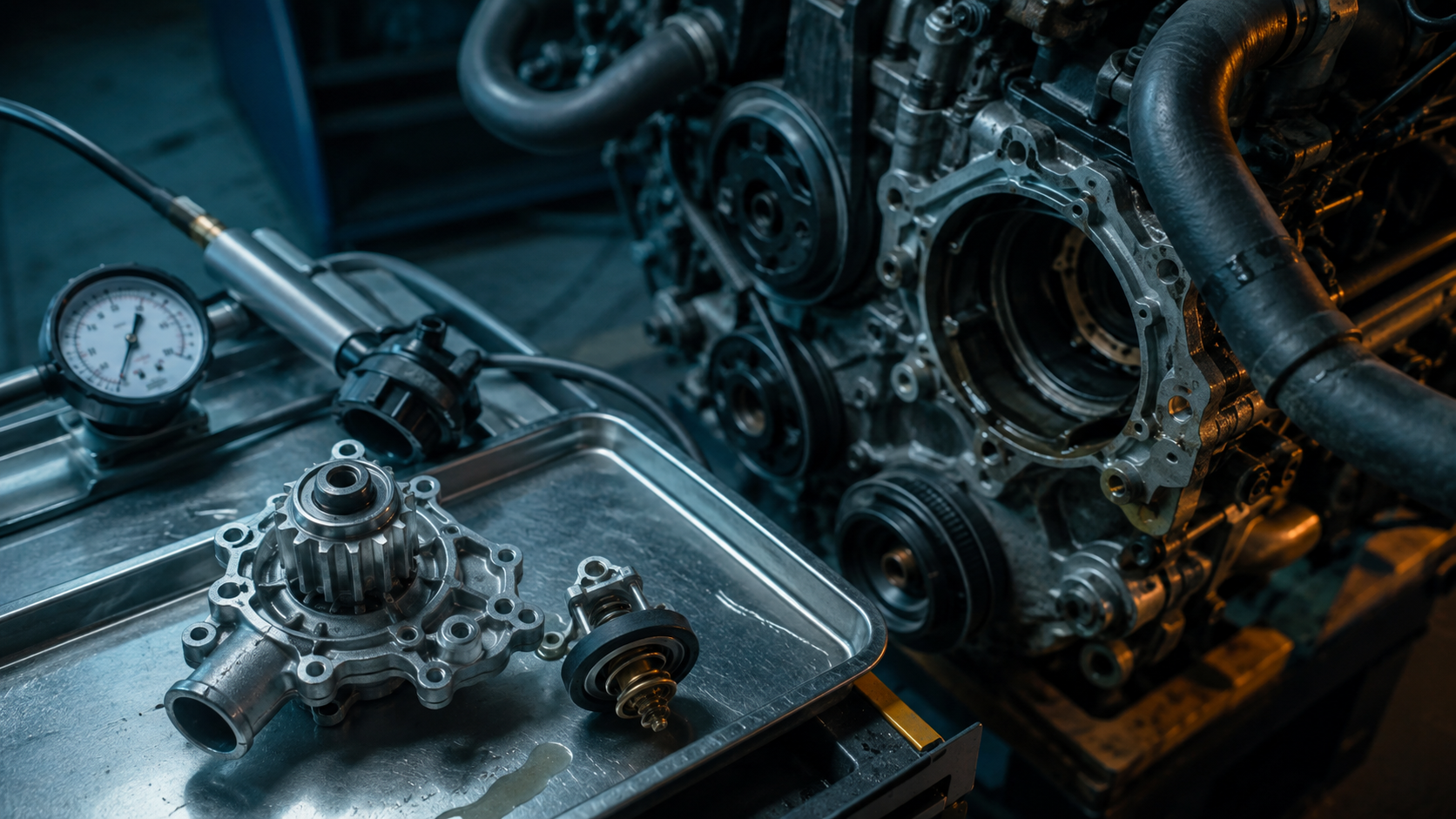 Water Pump & Thermostat Repair equipment and components in a neutral workshop illustration