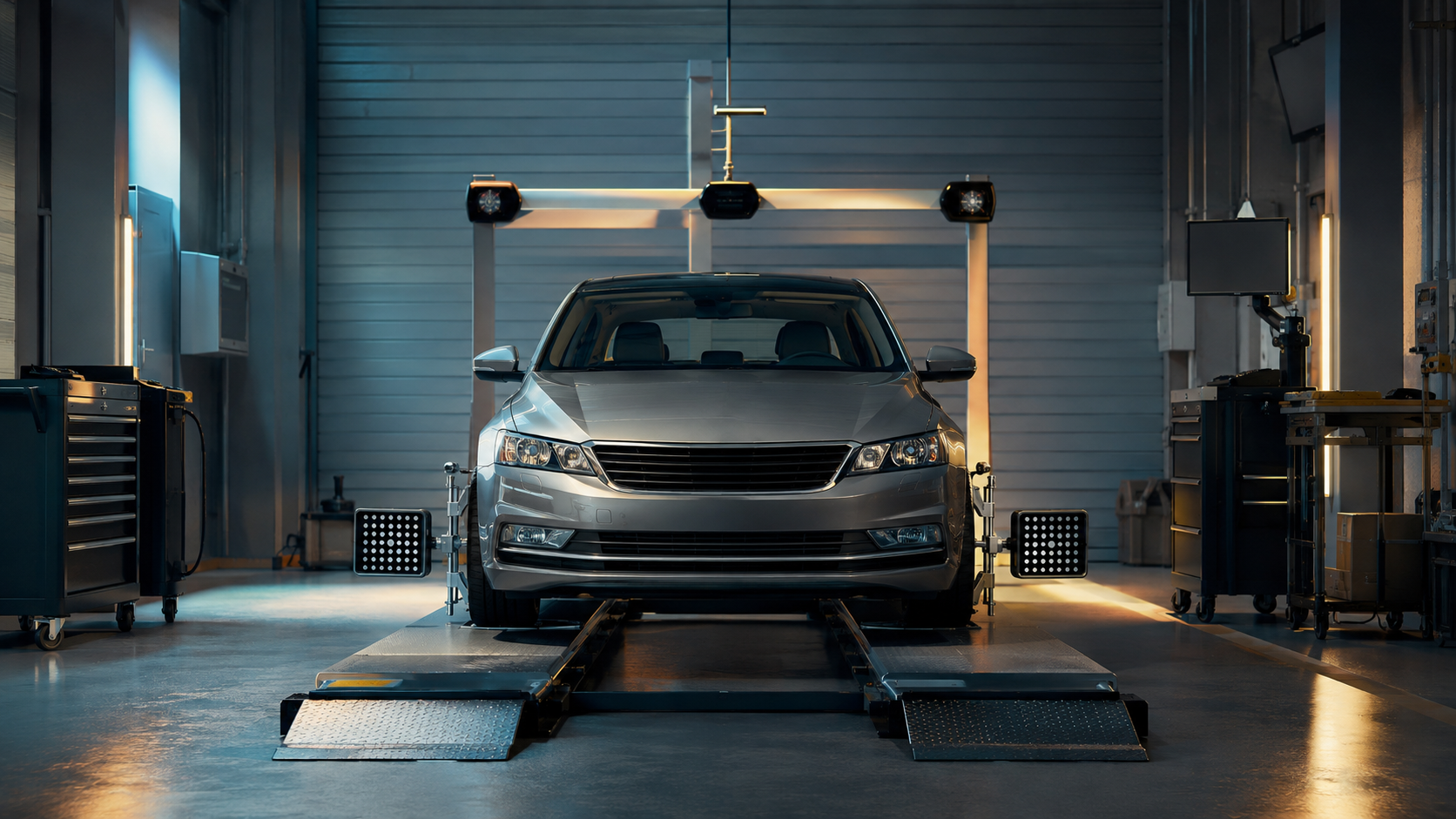 Wheel Alignment equipment and components in a neutral workshop illustration